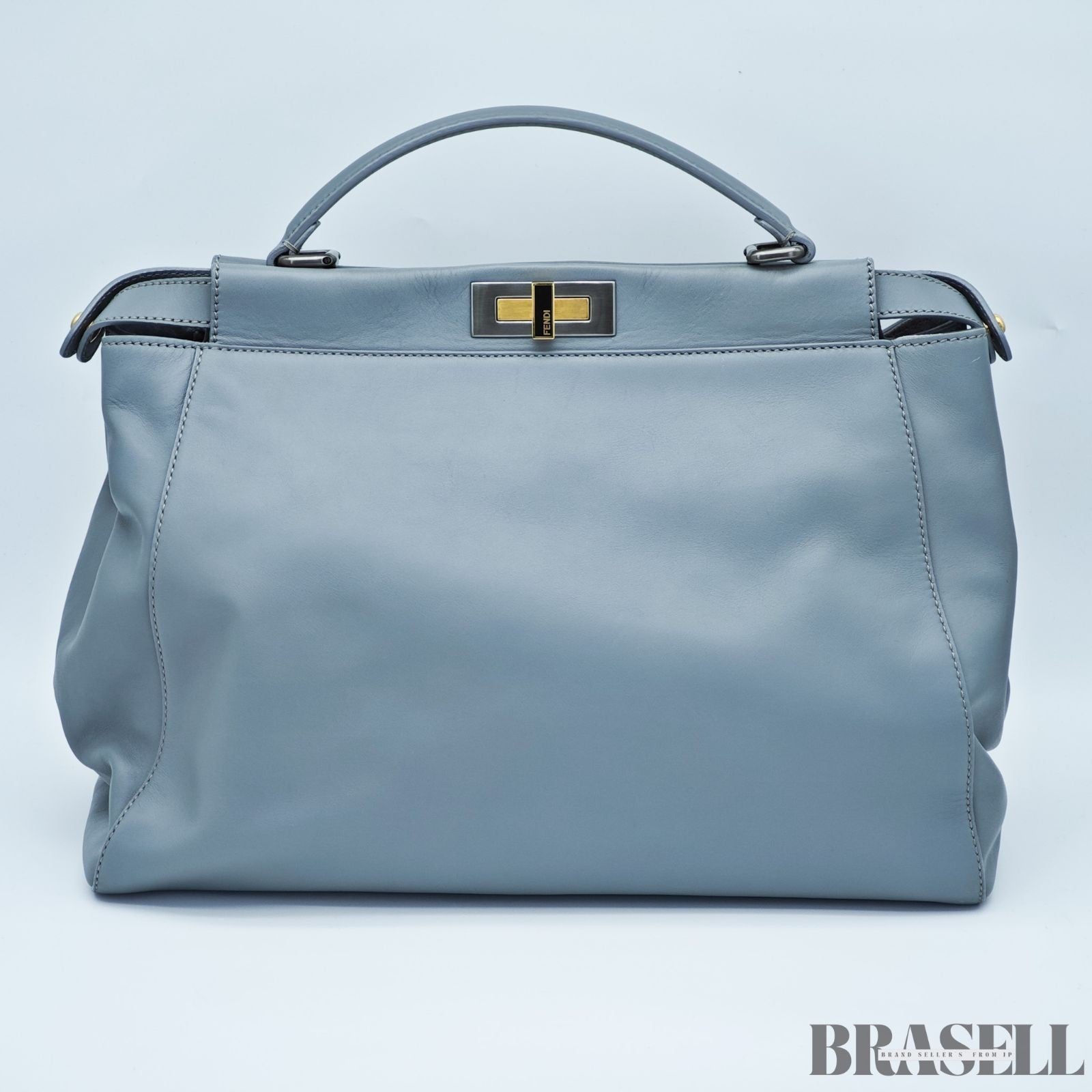 FENDI Peekaboo Large Gray Leather Handbag Shoulder Bag w/ Dust Bag Women's