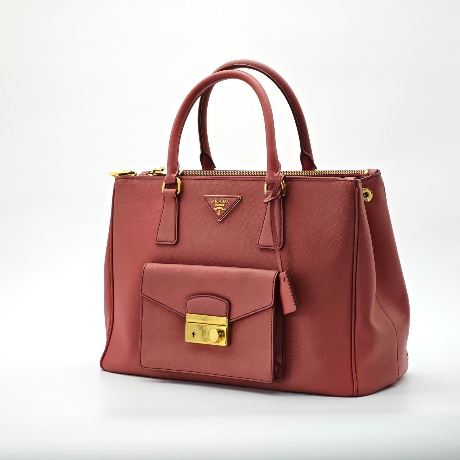 PRADA Saffiano Leather Galleria 2-Way Handbag/Tote Bag Pink with Shoulder Strap