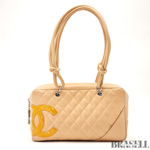 CHANEL Cambon Line Bowling Tote Bag Handbag Leather Beige with Warranty Card