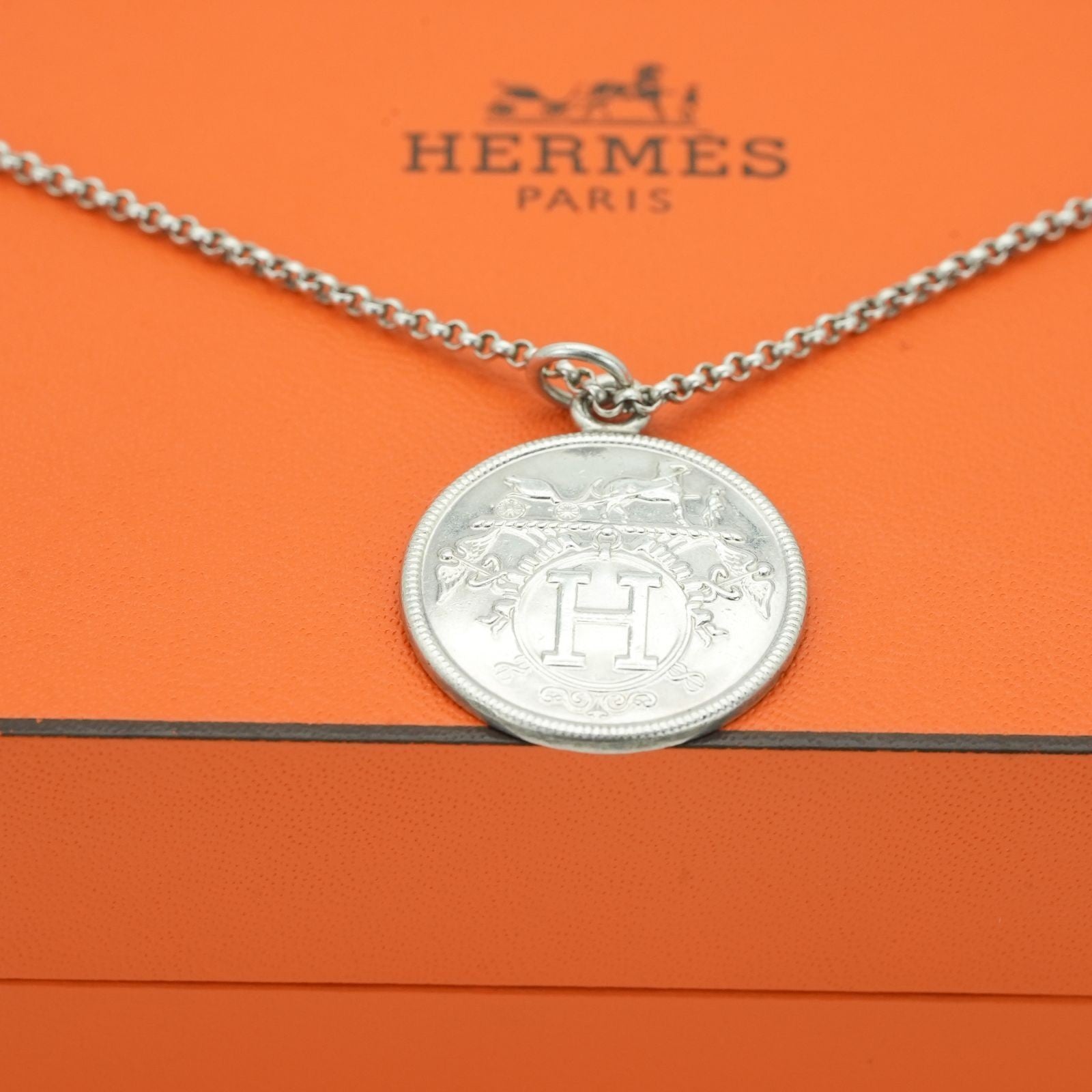 HERMES Ex Libris MM Necklace Coin Silver for Women' Men's