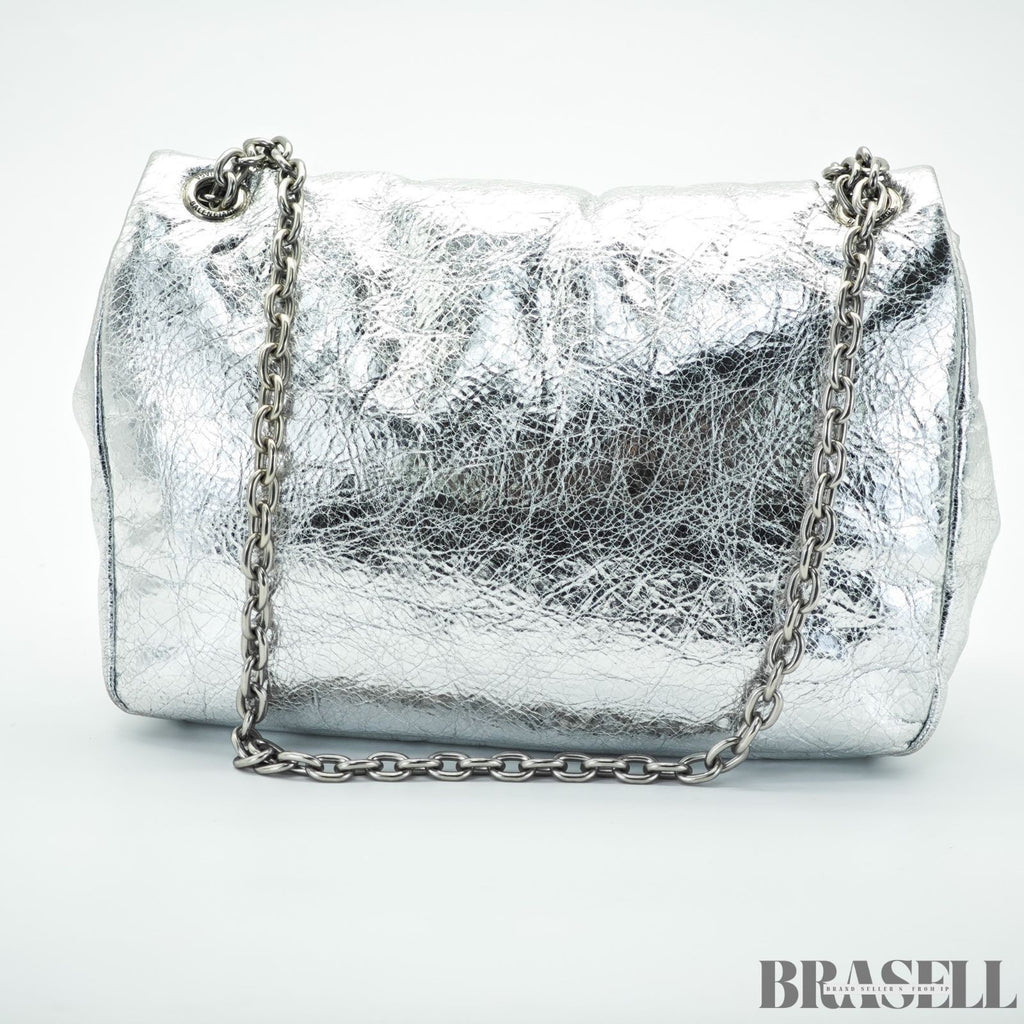 BALENCIAGA MONACO Nano Bag Metallized Compact Shoulder Bag in Silver