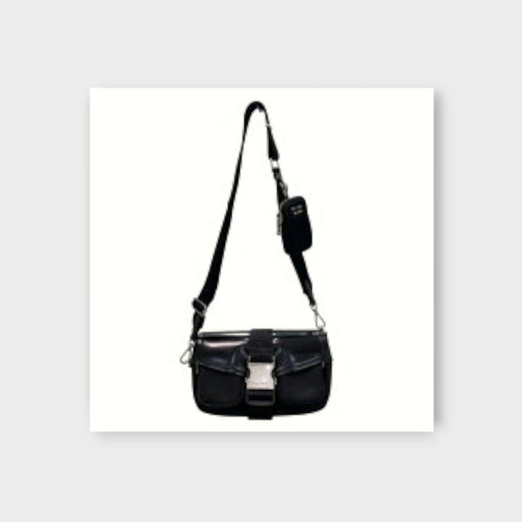 Prada Brushed Leather Shoulder Bag 1BD295 Black Patent Leather【B】