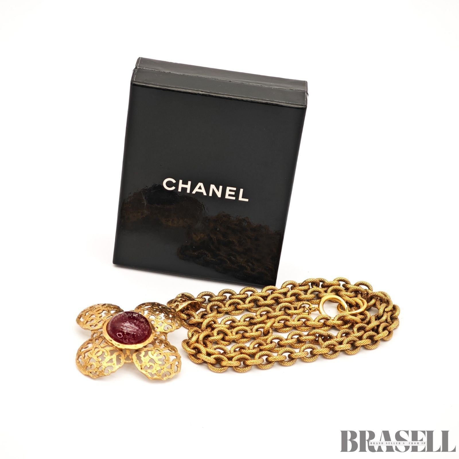 CHANEL Gripoix Long Chain Necklace Gold Red Flower Motif With Box