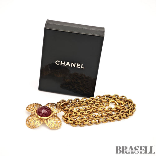 CHANEL Gripoix Long Chain Necklace Gold Red Flower Motif With Box