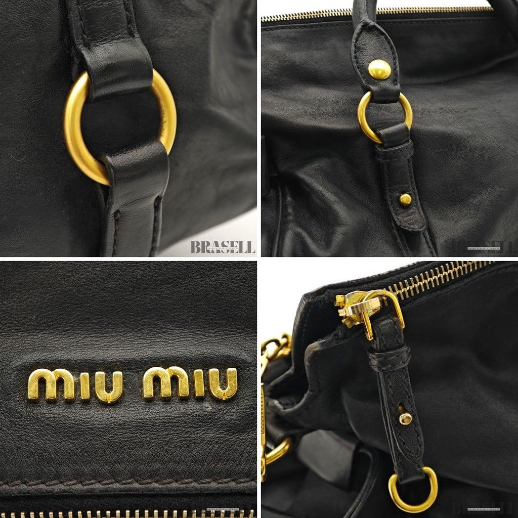 Miu Miu Ribbon 2Way Handbag Leather Black Shoulder Bag Woman Shoulder Strap