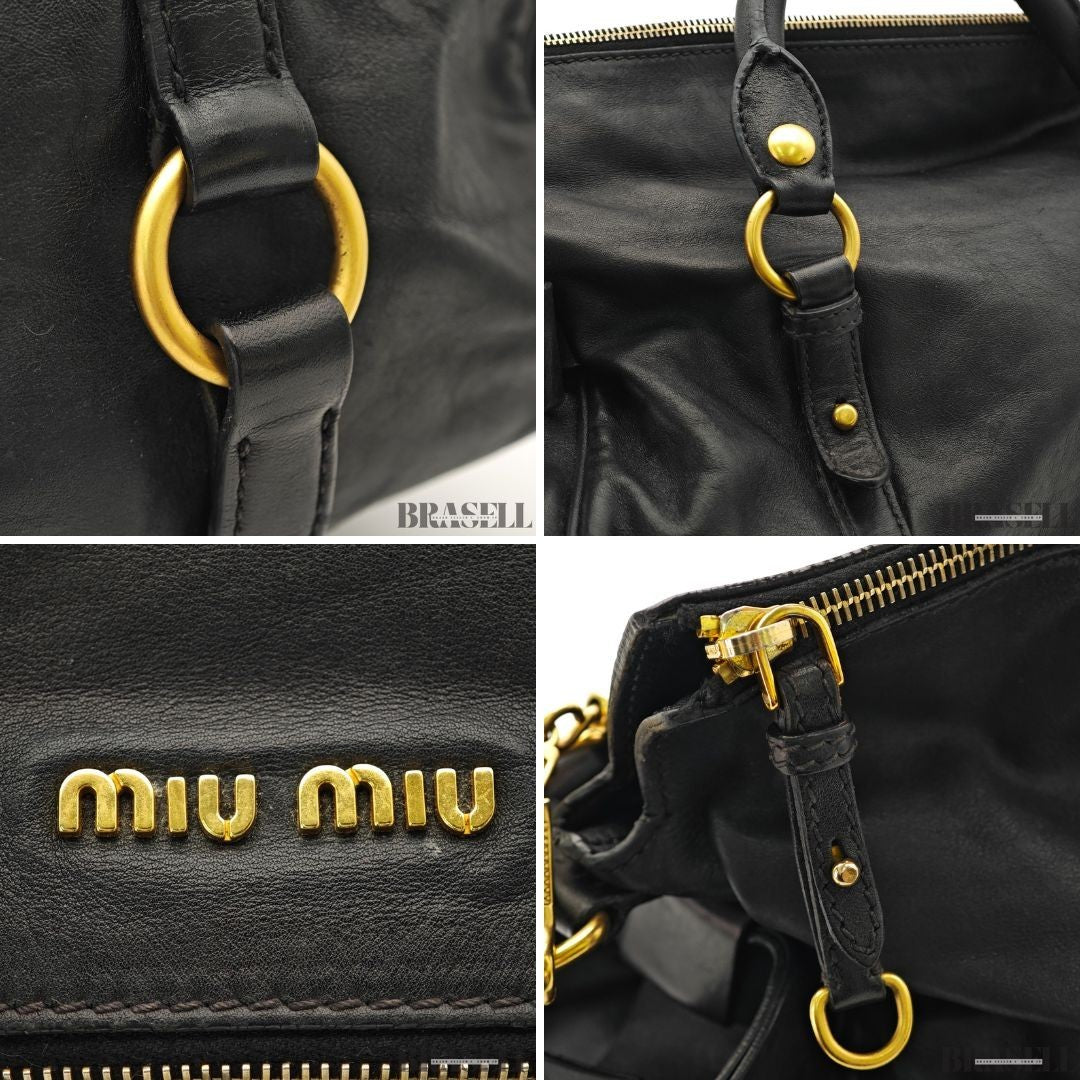 Miu Miu Ribbon 2Way Handbag Leather Black Shoulder Bag Woman Shoulder Strap