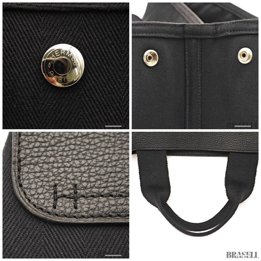 HERMES Valparaiso MM Handbag Toile Chevron Leather Black Unisex With Dust Bag