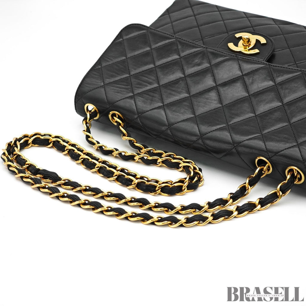 CHANEL Matelasse 30 Flap Chain Shoulder Bag Lamb Skin Black Gold CC Auth