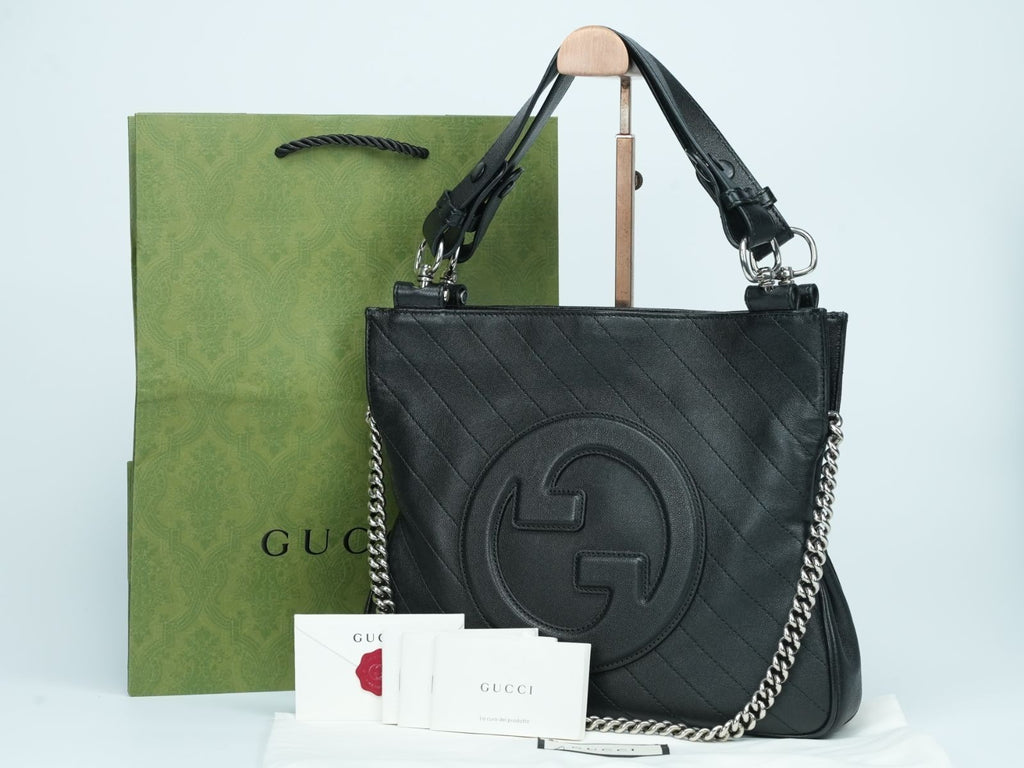 GUCCI Blondie Tote Bag 751518 Black Leather 2-Way Chain Shoulder Bag