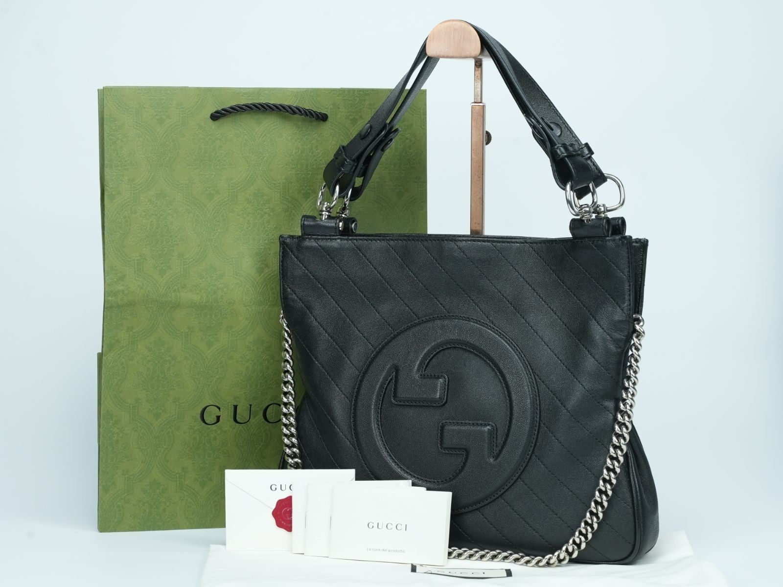 GUCCI Blondie Tote Bag 751518 Black Leather 2-Way Chain Shoulder Bag