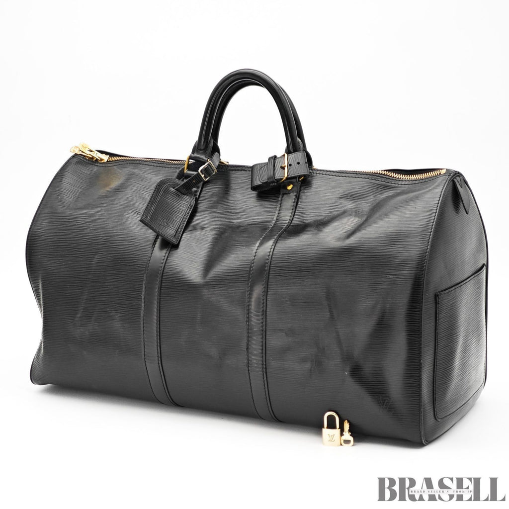 Louis Vuitton Epi Leather Keepall 50 Black Embossed Logo Boston Bag Travel Large