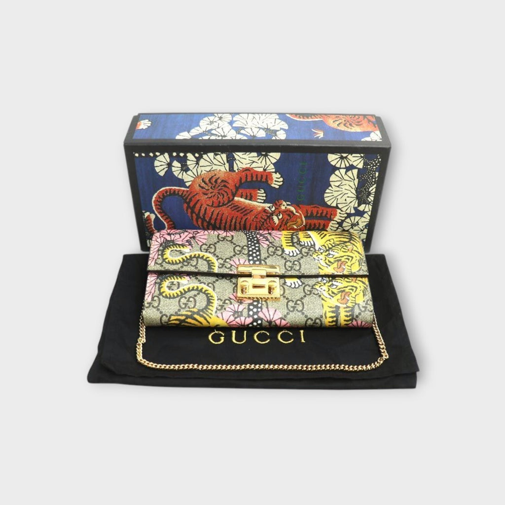 GUCCI GG Supreme Chain Wallet Bengal Tiger Cherry Blossom Long Wallet 453506【A】