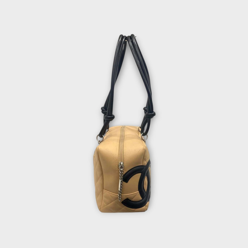 CHANEL A25171 Cambon Line Matelasse Bowling Bag Beige Black Handbag 【B】