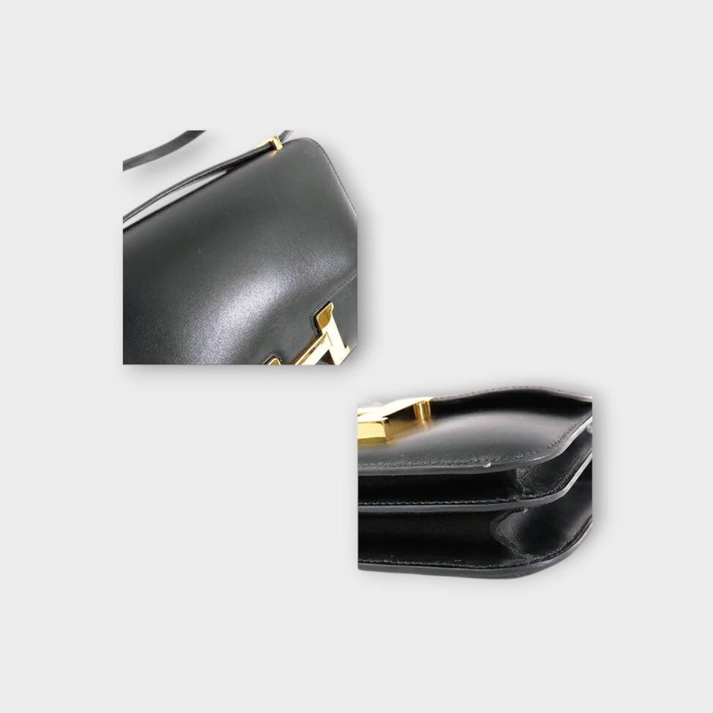 HERMÈS Constance Mini 18 H Stamp Black Gold Hardware Box Calf Shoulder Bag 【B】