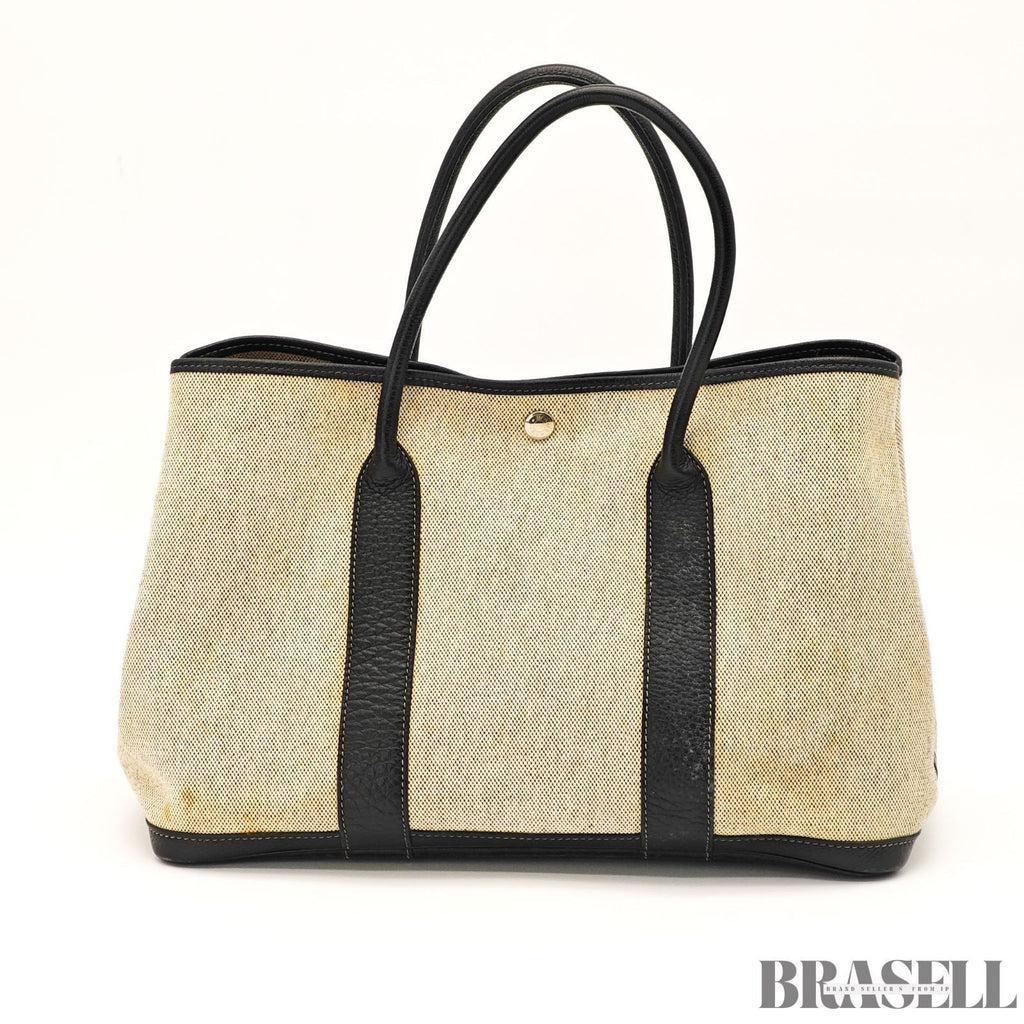 HERMES Garden Party Gray Black Toile Ash Leather Tote Bag Handbag D□C