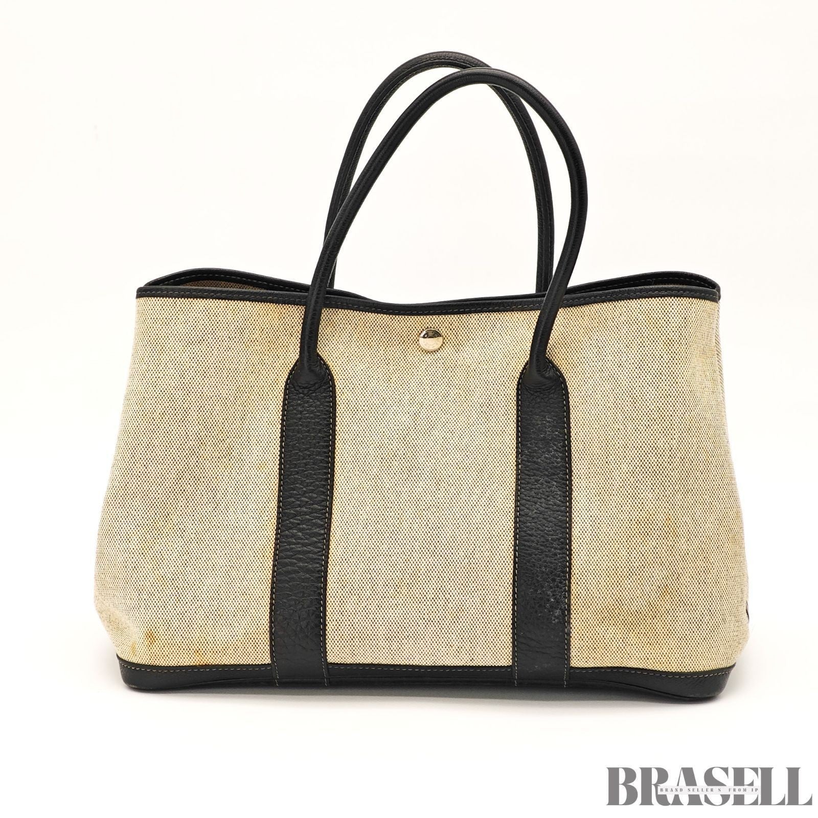HERMES Garden Party Gray Black Toile Ash Leather Tote Bag Handbag D□C