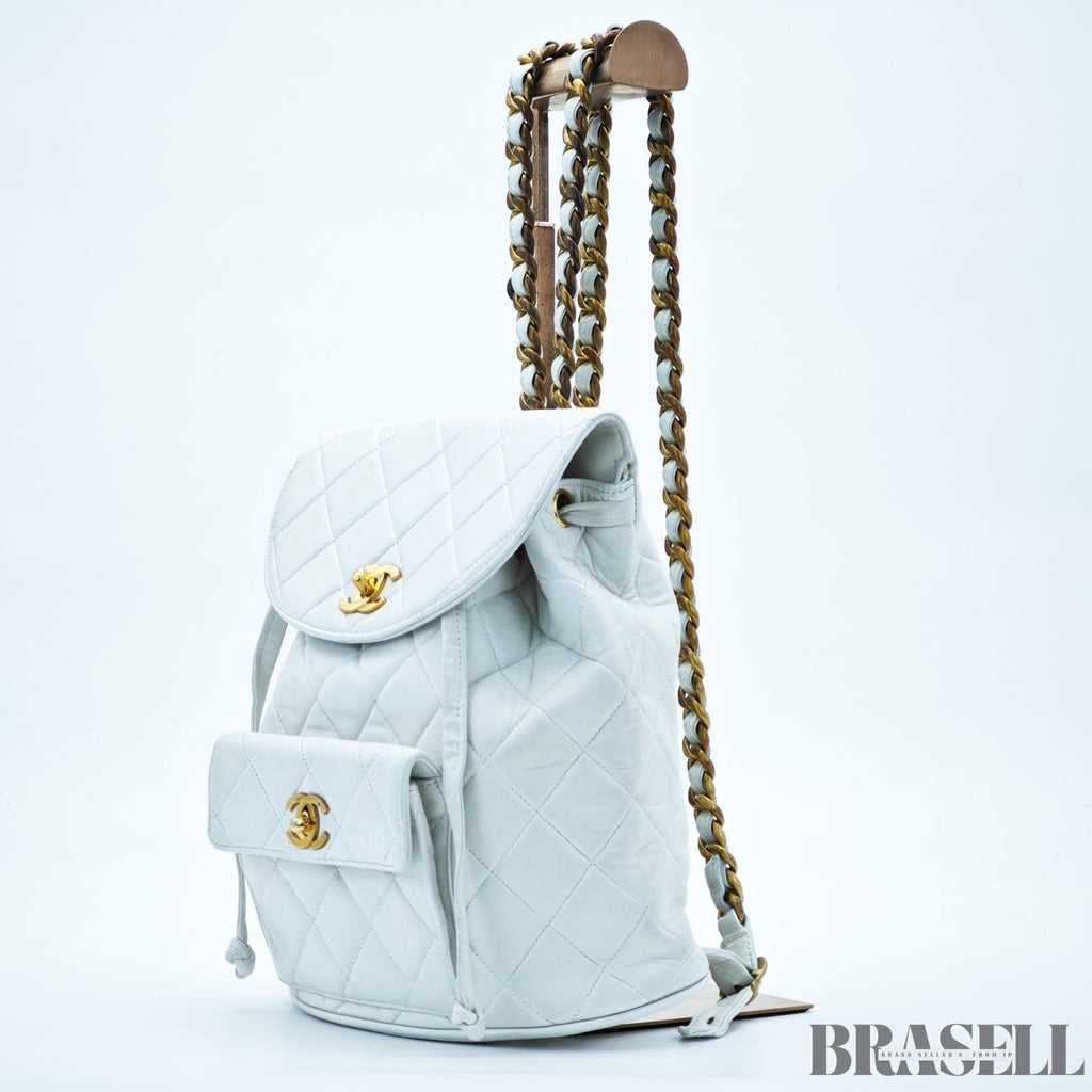 Chanel Matelassé Chain Backpack White Rucksack Bag Women Gold Hardware