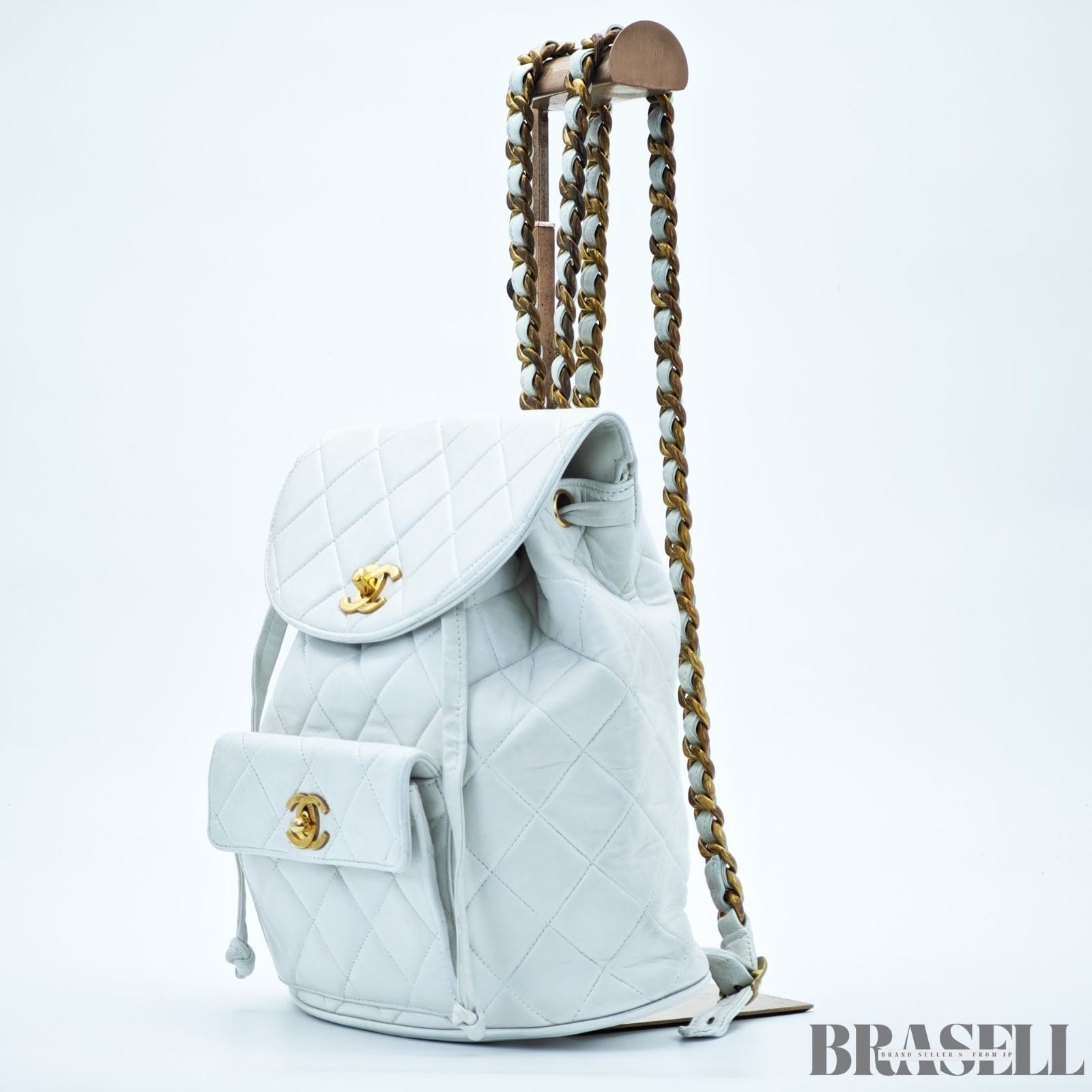 Chanel Matelassé Chain Backpack White Rucksack Bag Women Gold Hardware