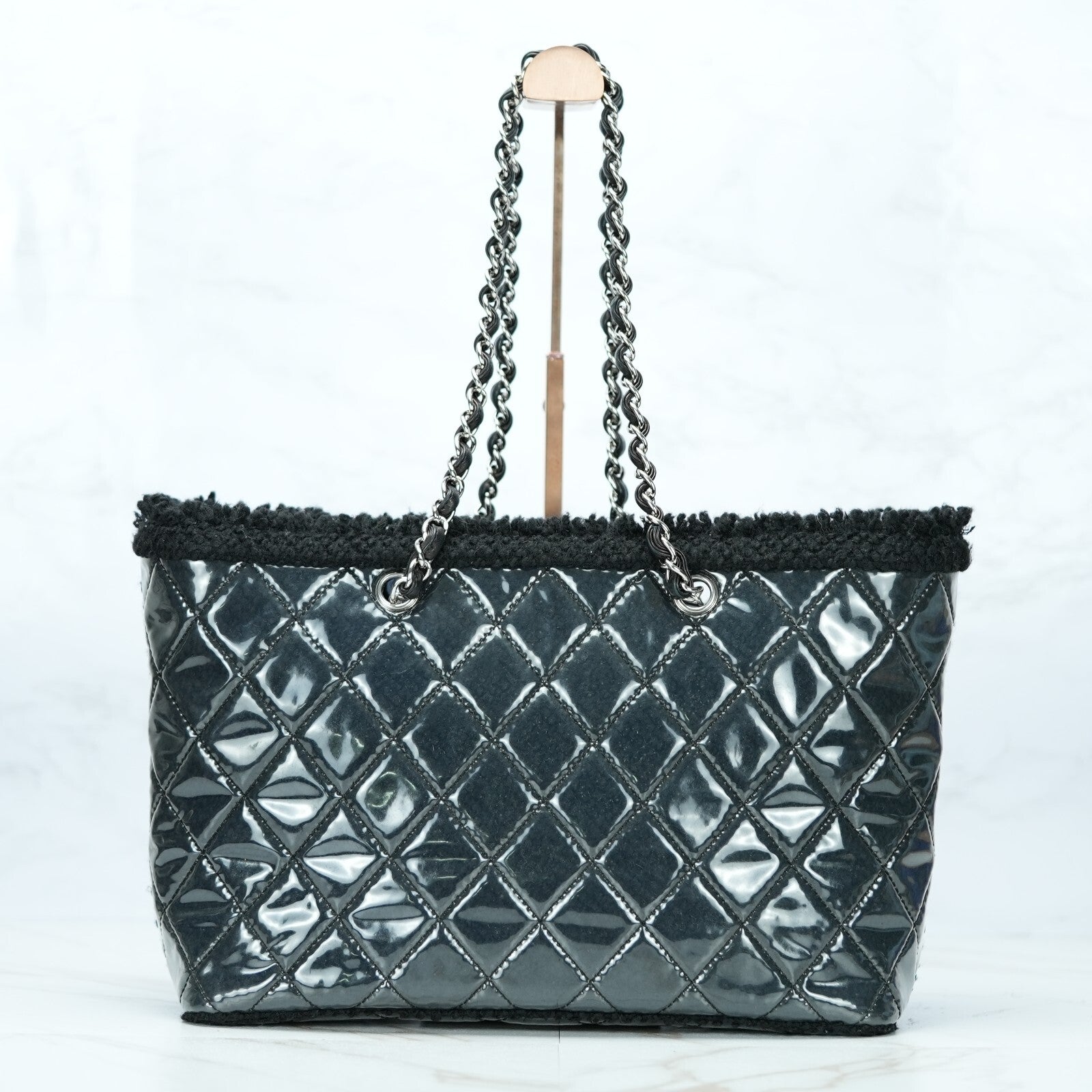 Last Sale CHANEL Funny Tweed Chain shoulder Tote Bag A47155 Plastics wool Black