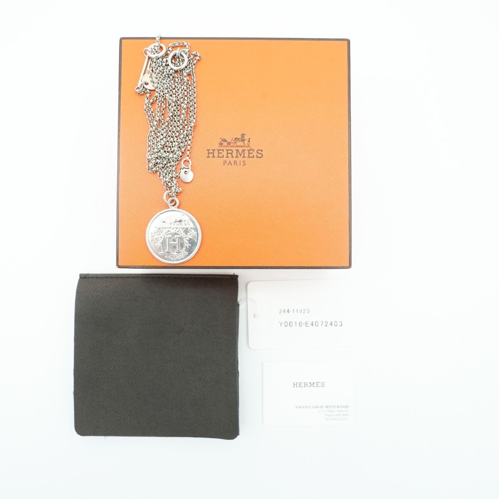 HERMES Ex Libris MM Necklace Coin Silver for Women' Men's