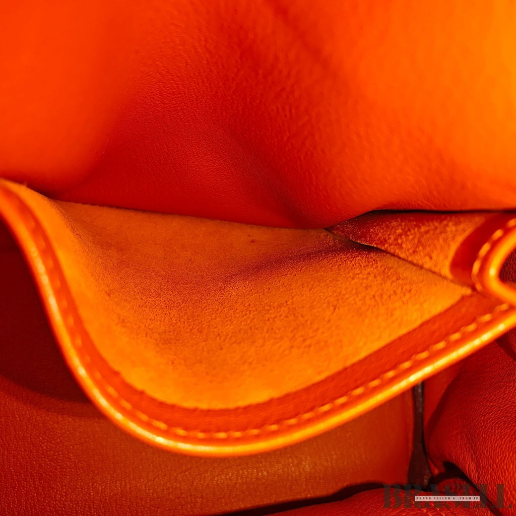 HERMES Kelly 28 Orange Silver Metal Taurillon Clemence 2way Handbag Shoulder Bag