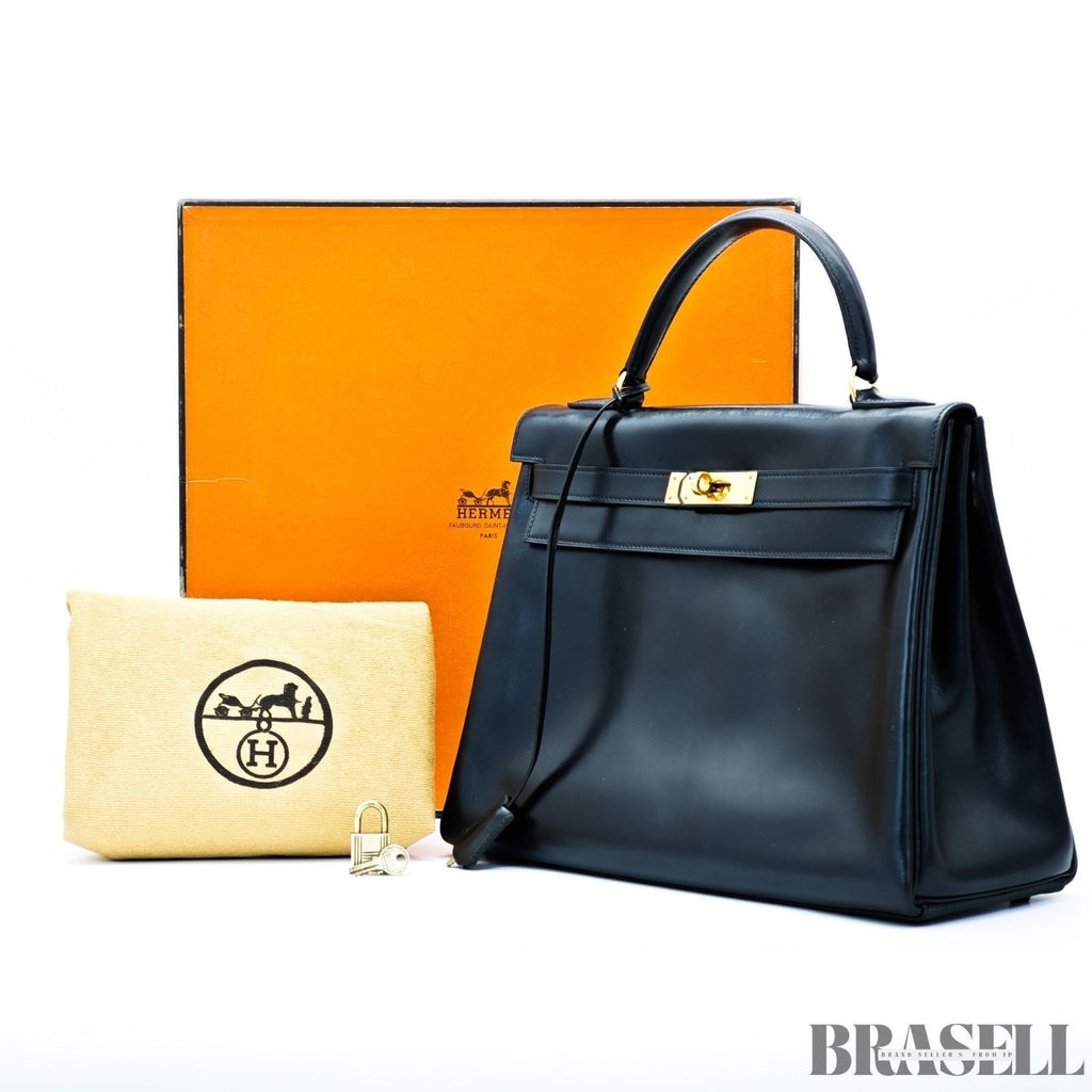 Borsa Hermès Kelly 32 borsa borsetta nera donna hardware oro con scatola e...