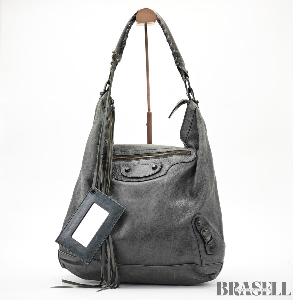 BALENCIAGA The Day Shoulder Bag Leather Hobo Bag Black