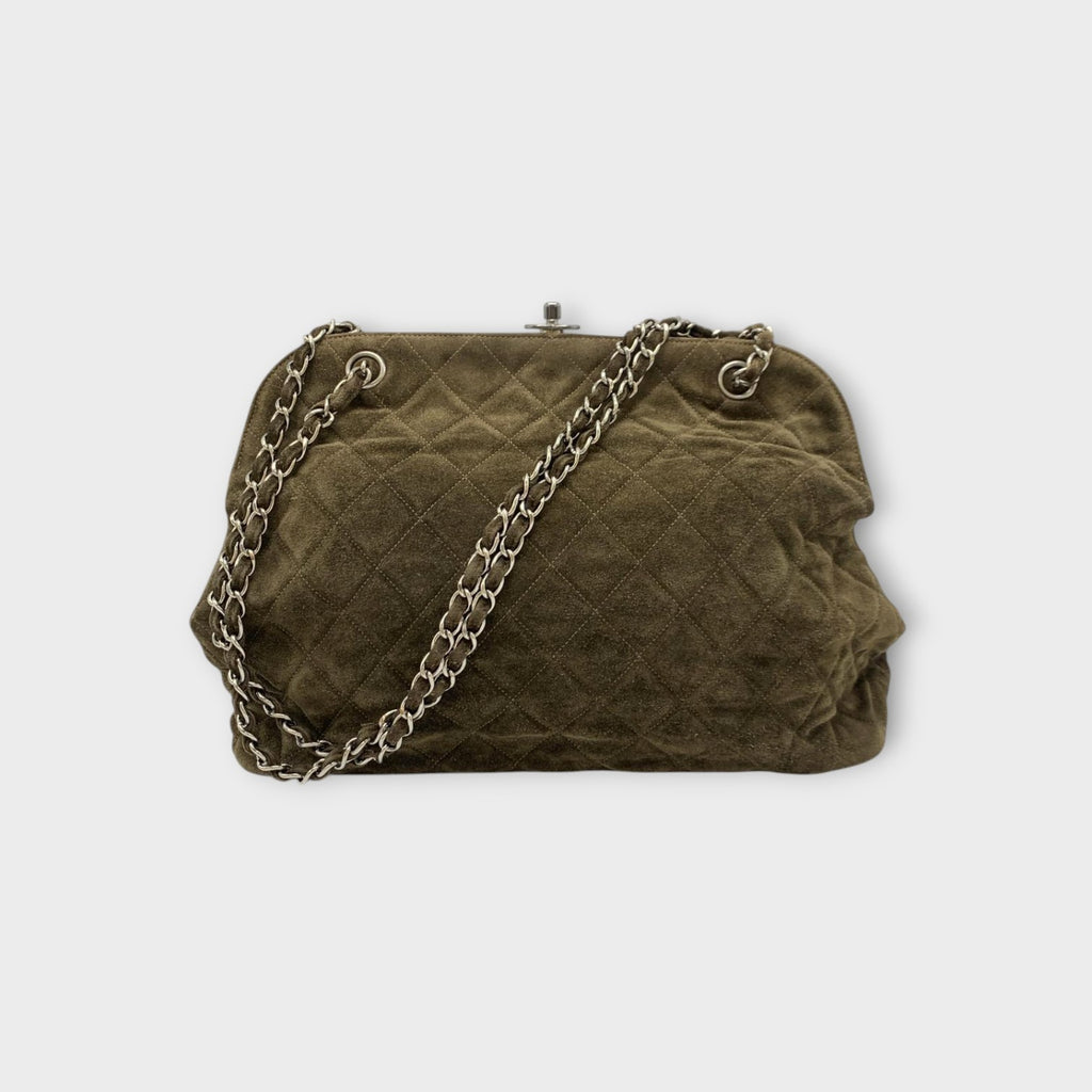 CHANEL Coco Mark Matelassé Suede Chain Shoulder Bag Brown Silver Hardware 【B】