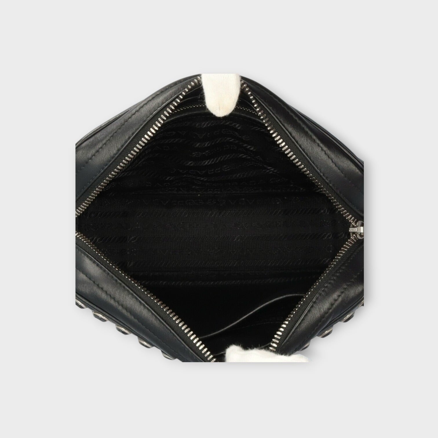 Prada Crystal Studs Chain Shoulder Bag Leather 1BH103 Black Silver Hardware 【A】