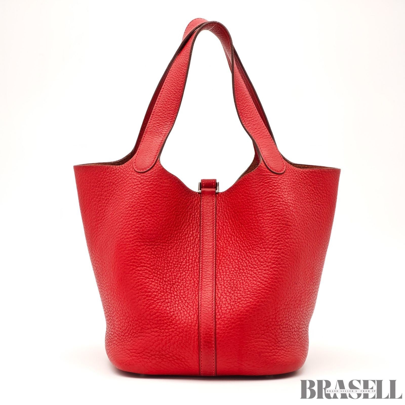 HERMES Picotin Lock MM Tote Bucket Handbag Leather Red w/ Dust Bag