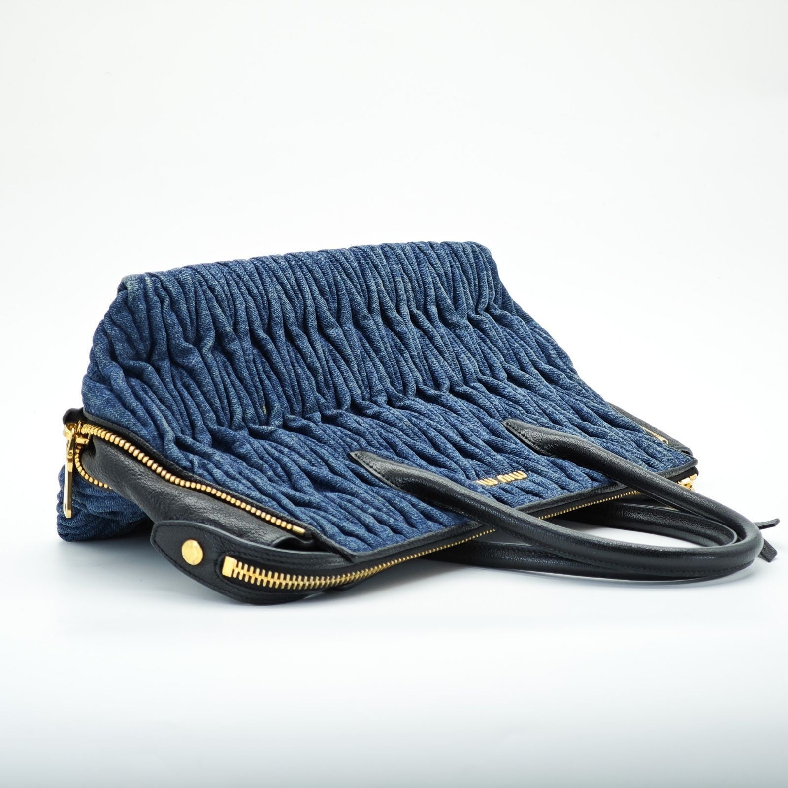 MIUMIU Matelassé Denim Canvas Handbag Horizontal Blue Men & Women