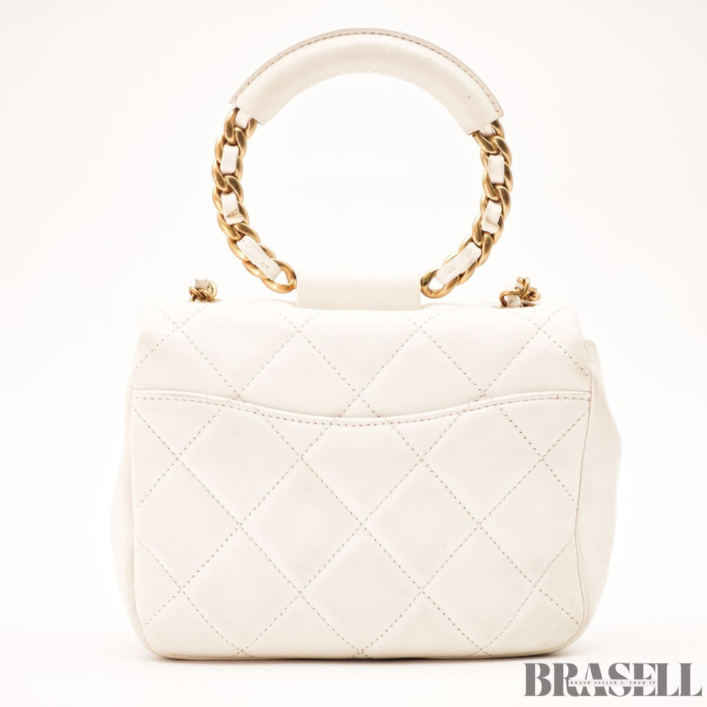 CHANEL Matelassé Top Handle Bag Handbag Shoulder Bag 2Way Lambskin White