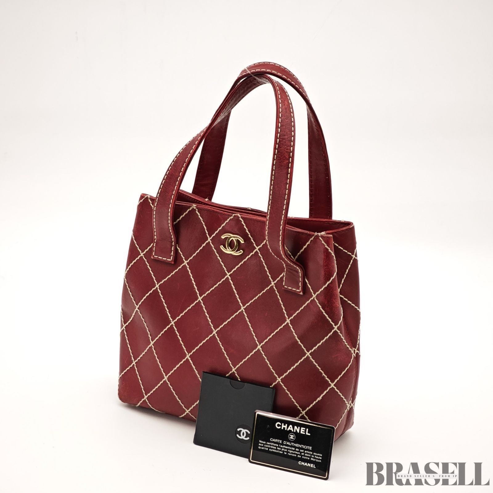 Authentic CHANEL Wild Stitch Tote Bag Handbag Leather Red Magnet Women