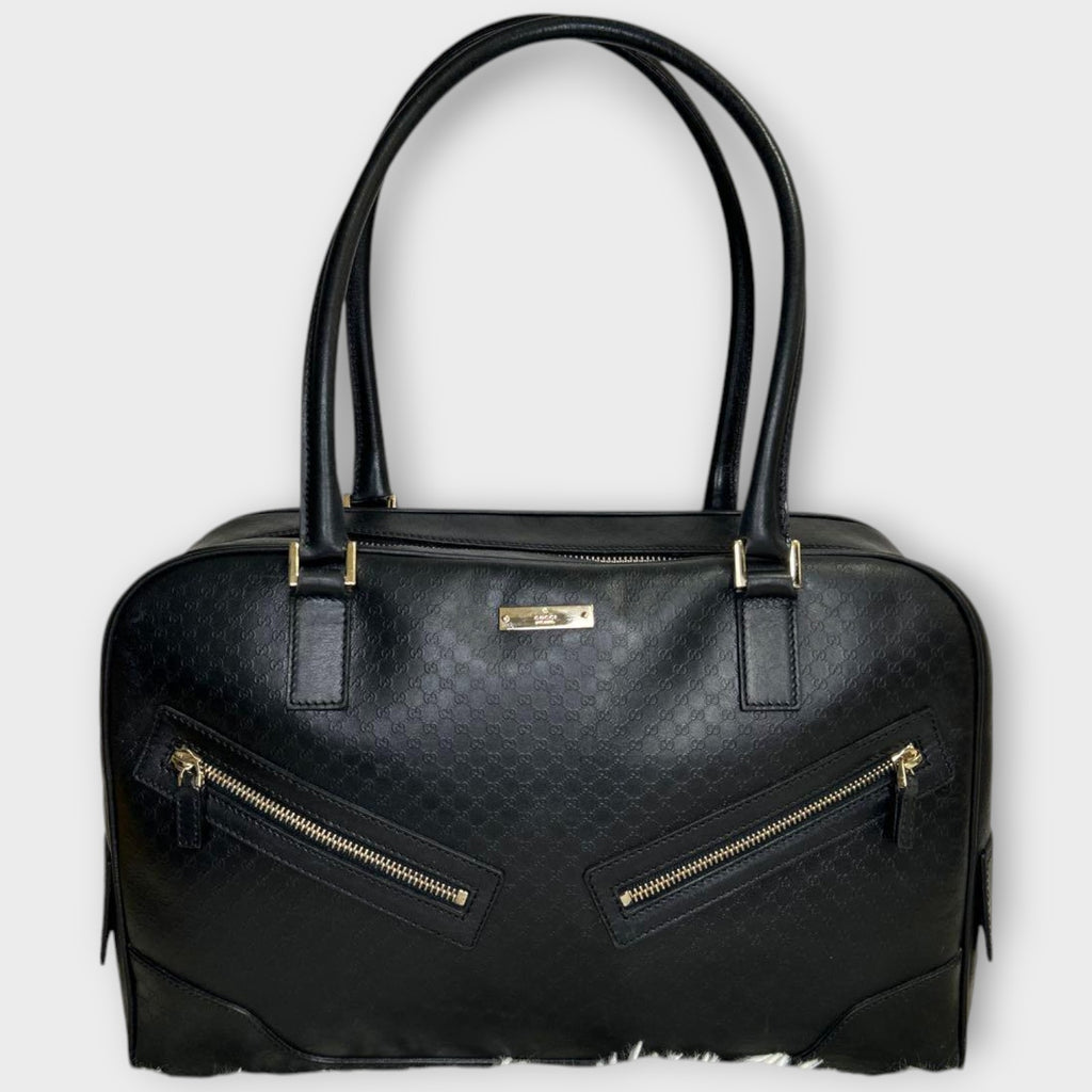 GUCCI Mini Boston Bag Handbag Logo Microguccissima Black Leather