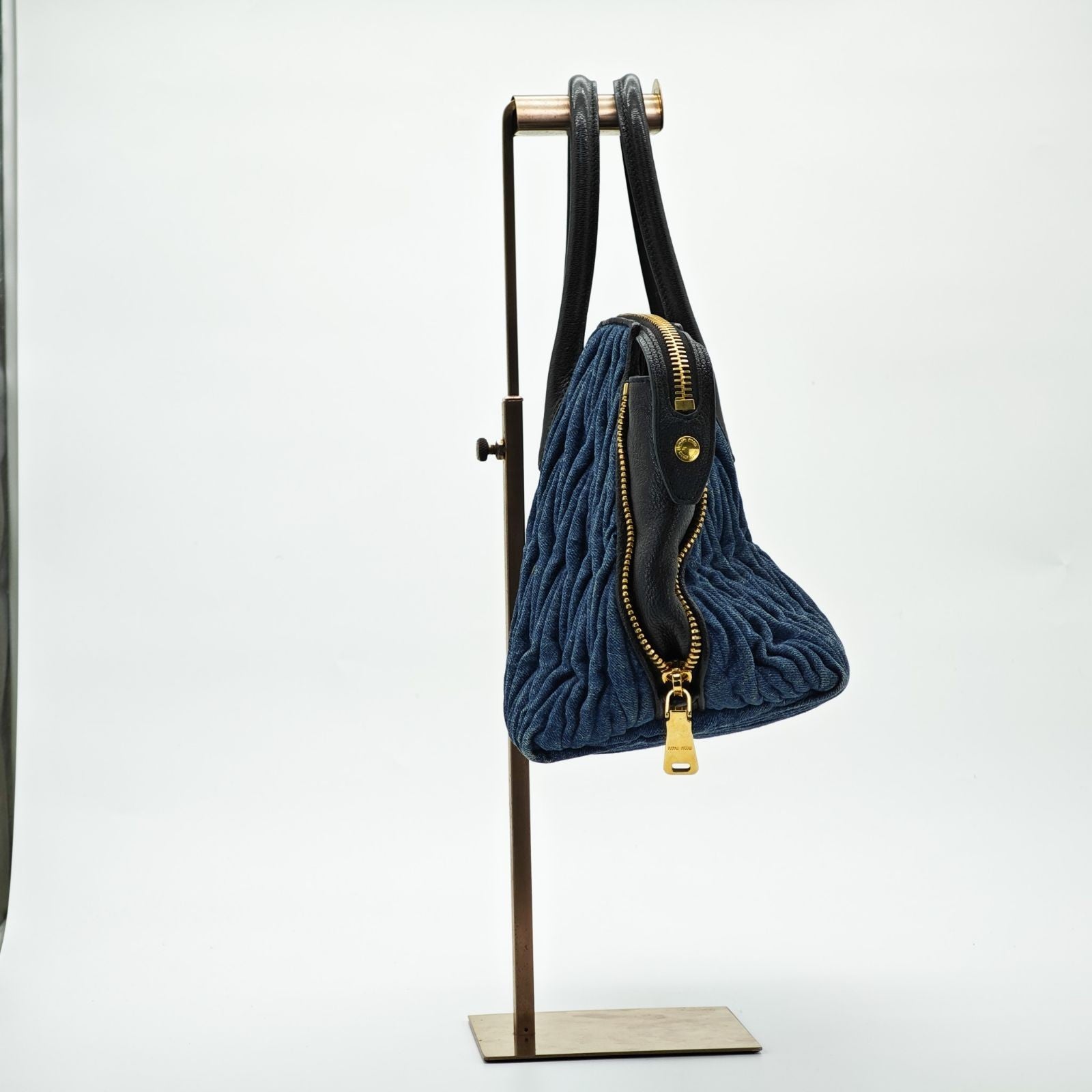 MIUMIU Matelassé Denim Canvas Handbag Horizontal Blue Men & Women