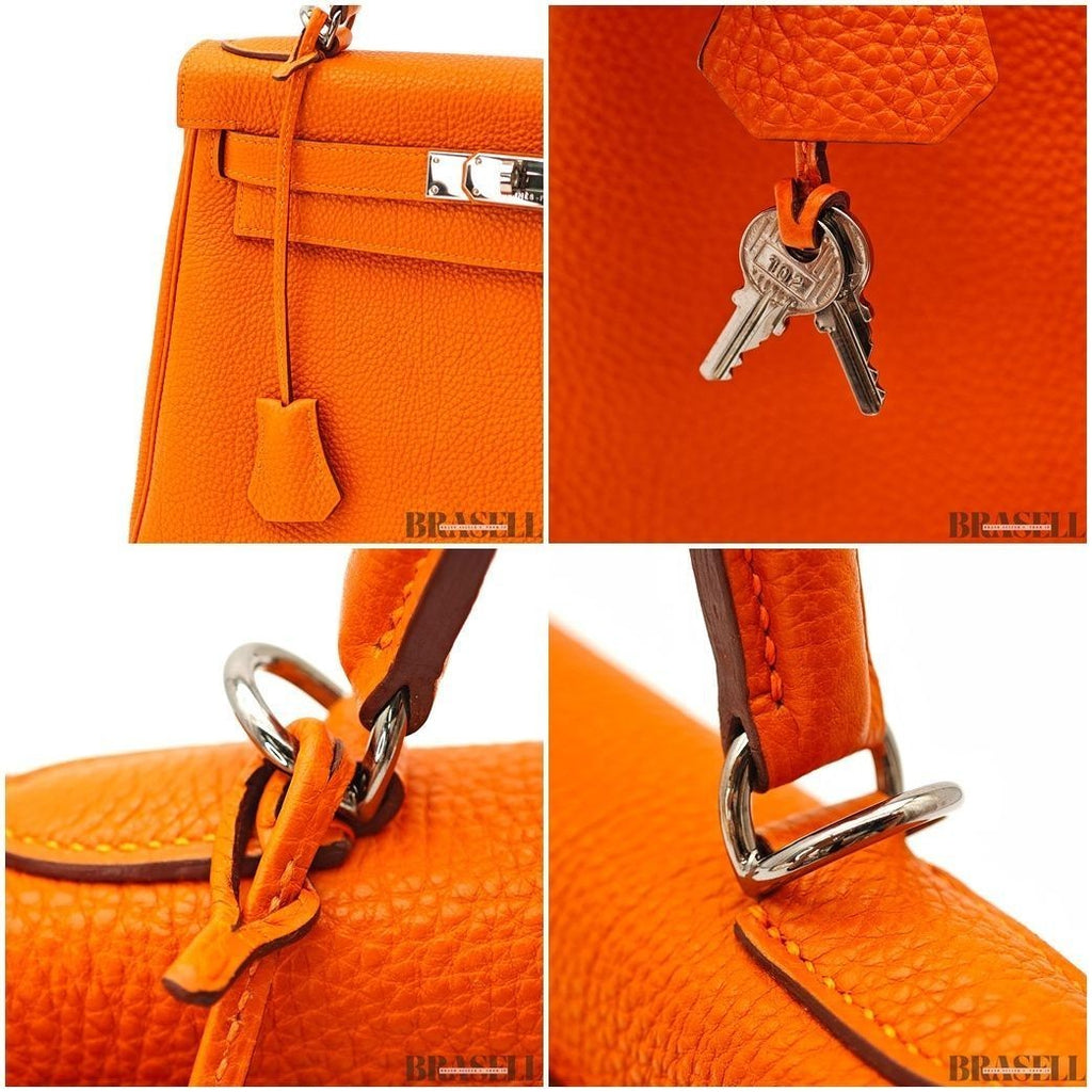 HERMES Kelly 28 Orange Silver Metal Taurillon Clemence 2way Handbag Shoulder Bag