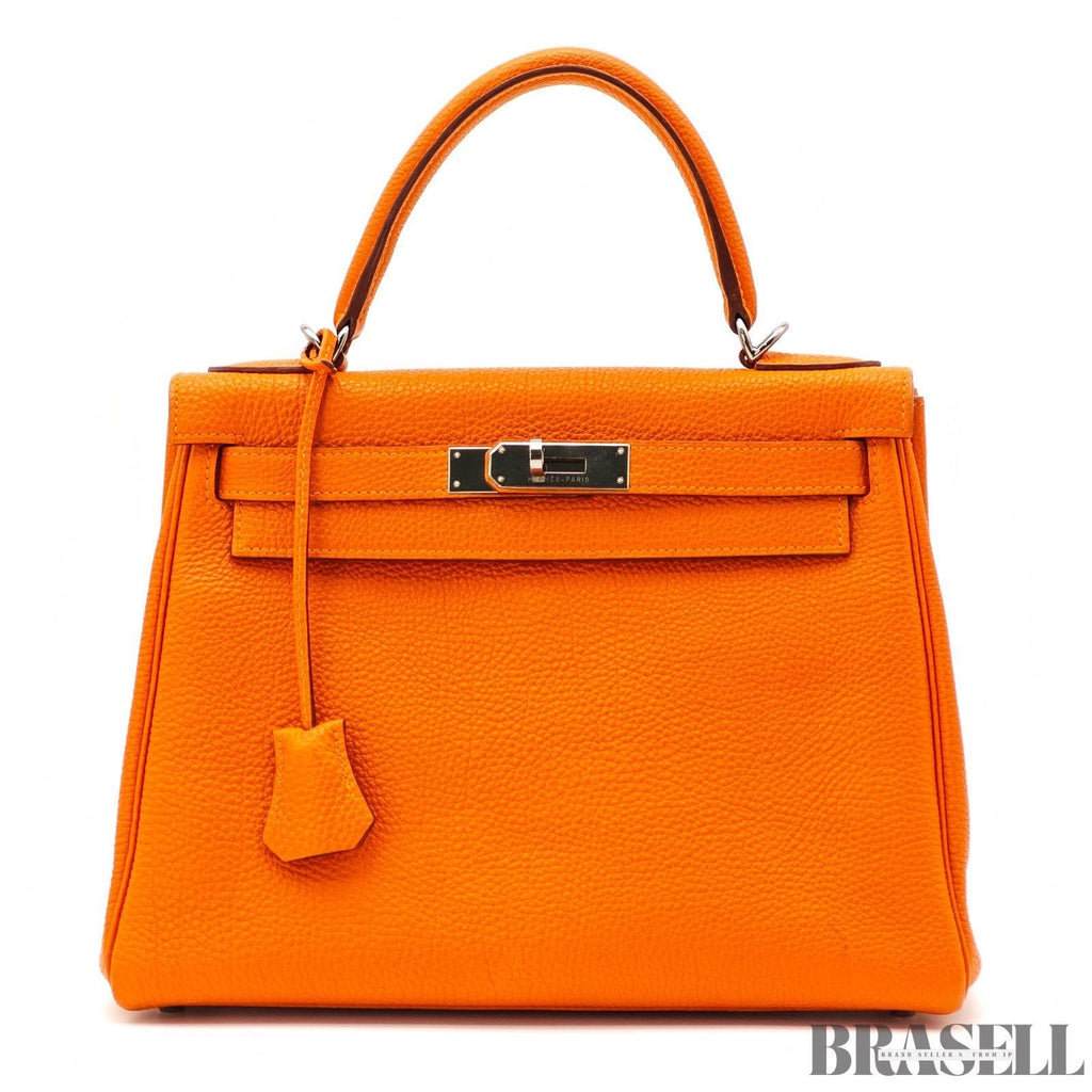 HERMES Kelly 28 Orange Silver Metal Taurillon Clemence 2way Handbag Shoulder Bag