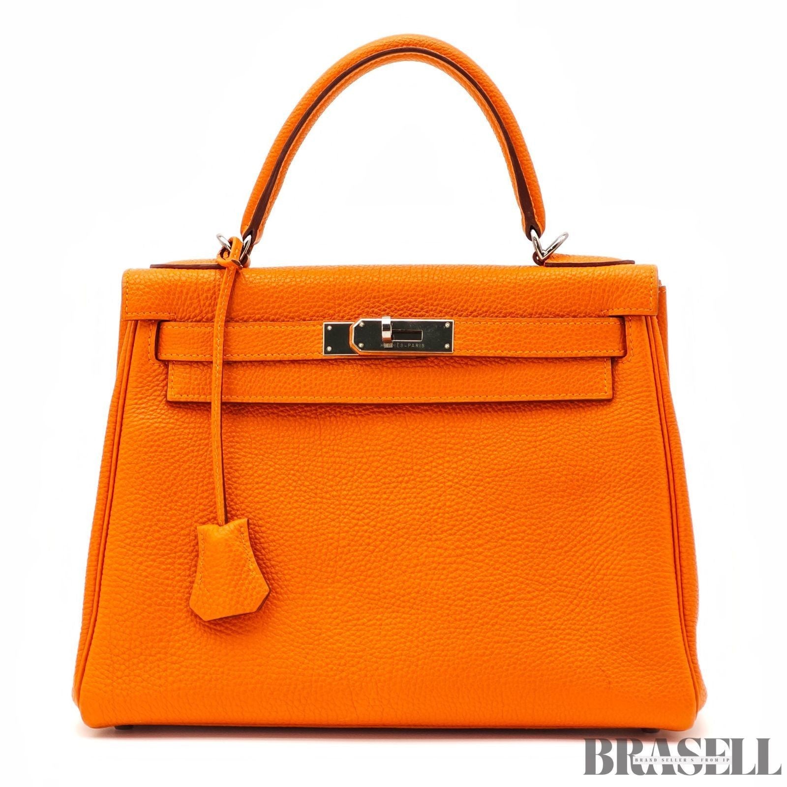 HERMES Kelly 28 Orange Silver Metal Taurillon Clemence 2way Handbag Shoulder Bag