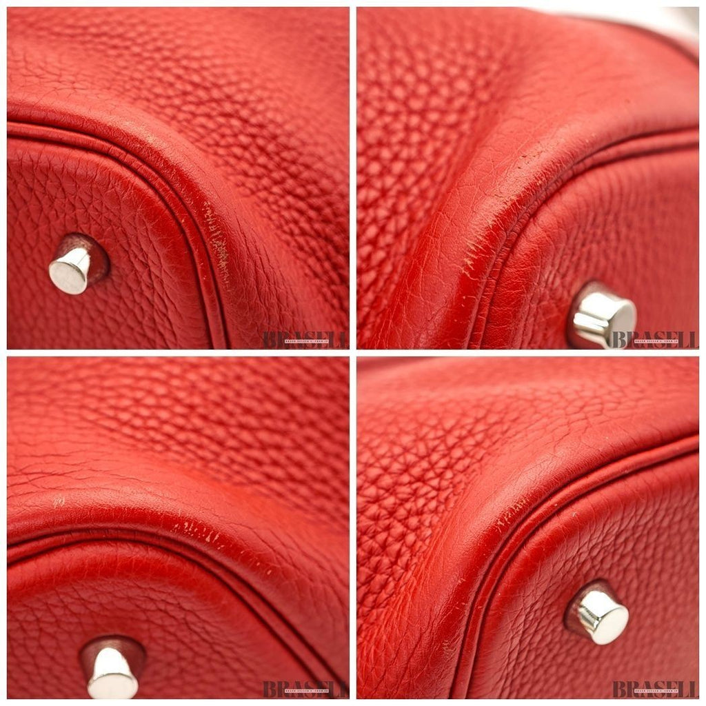 HERMES Picotin Lock Red Handbag Tote Bag Leather Silver Hardware with Padlock