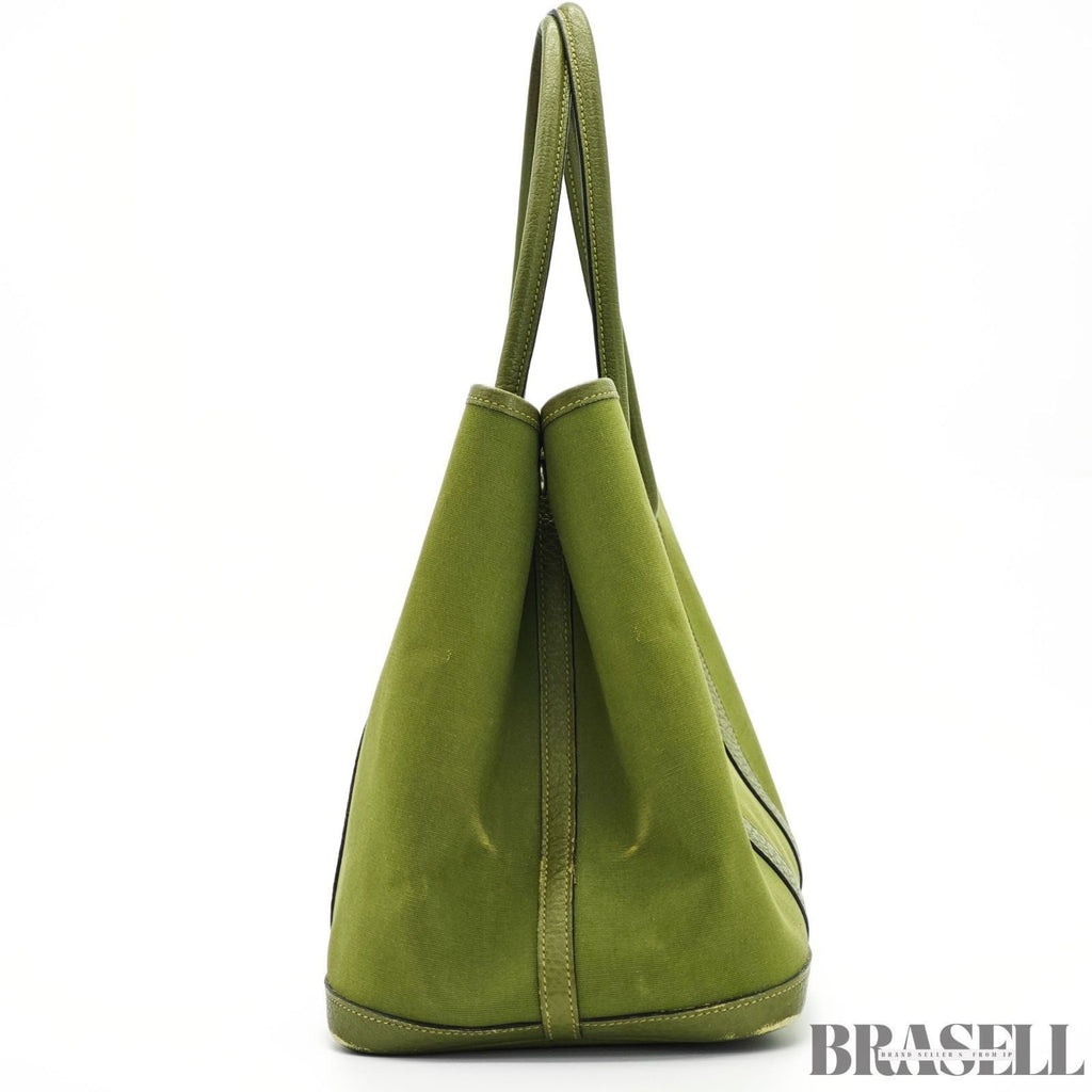 HERMES Garden Party MM Green Cobalt Canvas Leather Tote Bag Women’s