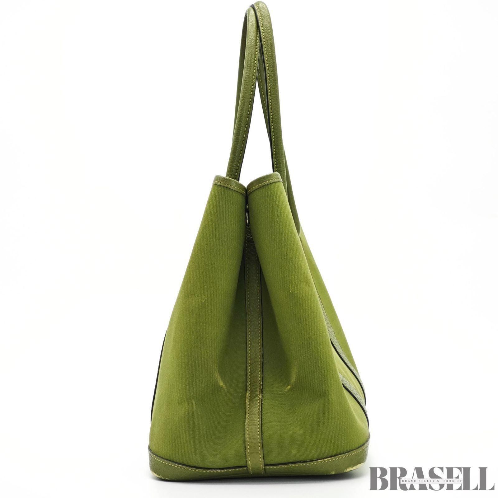 HERMES Garden Party MM Green Cobalt Canvas Leather Tote Bag Women’s