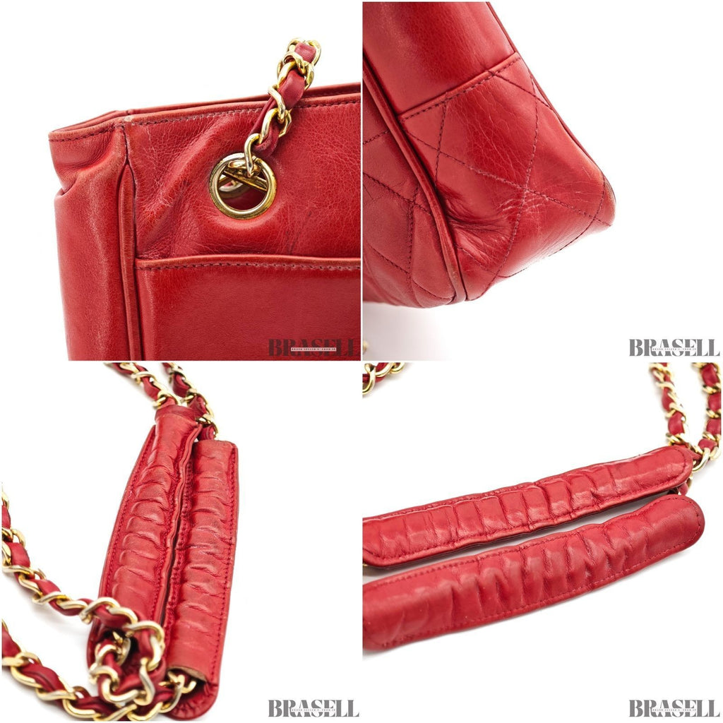 CHANEL Matelasse Lambskin Tote Bag Red Quilted Shoulder Bag Women's Guarantee