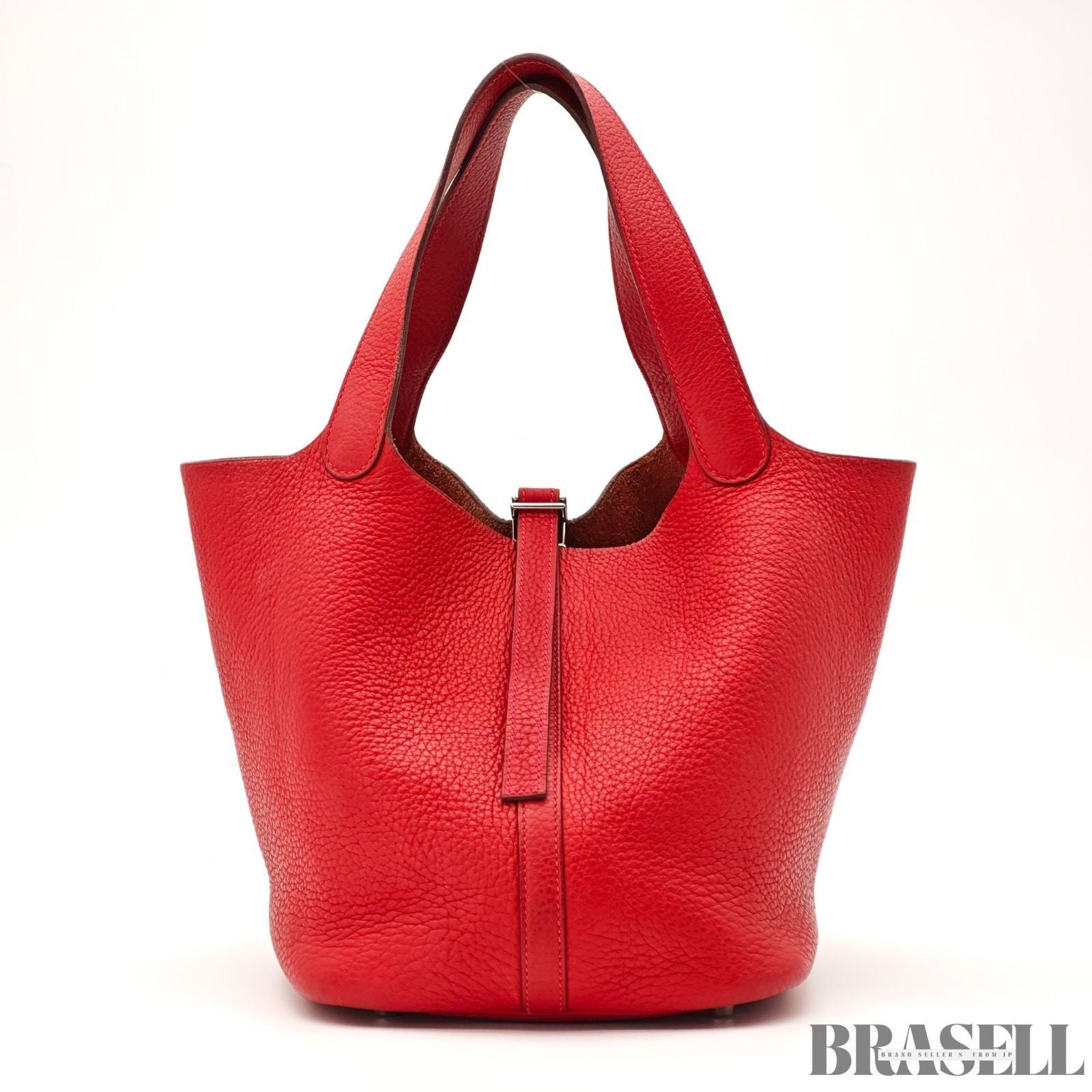 HERMES Picotin Lock MM Tote Bucket Handbag Leather Red w/ Dust Bag