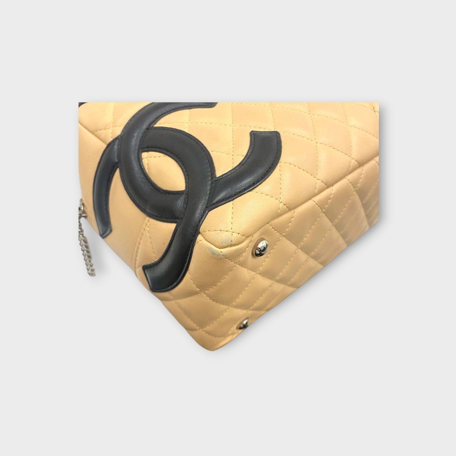 CHANEL A25171 Cambon Line Matelasse Bowling Bag Beige Black Handbag 【B】