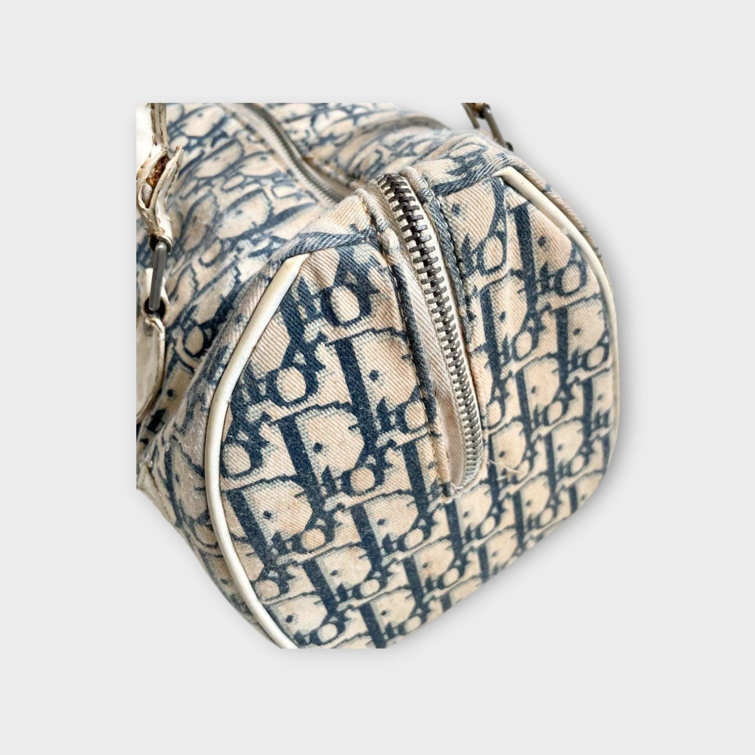 Christian Dior Trotter Flower Mini Boston Handbag Canvas Leather Navy Beige 【B】
