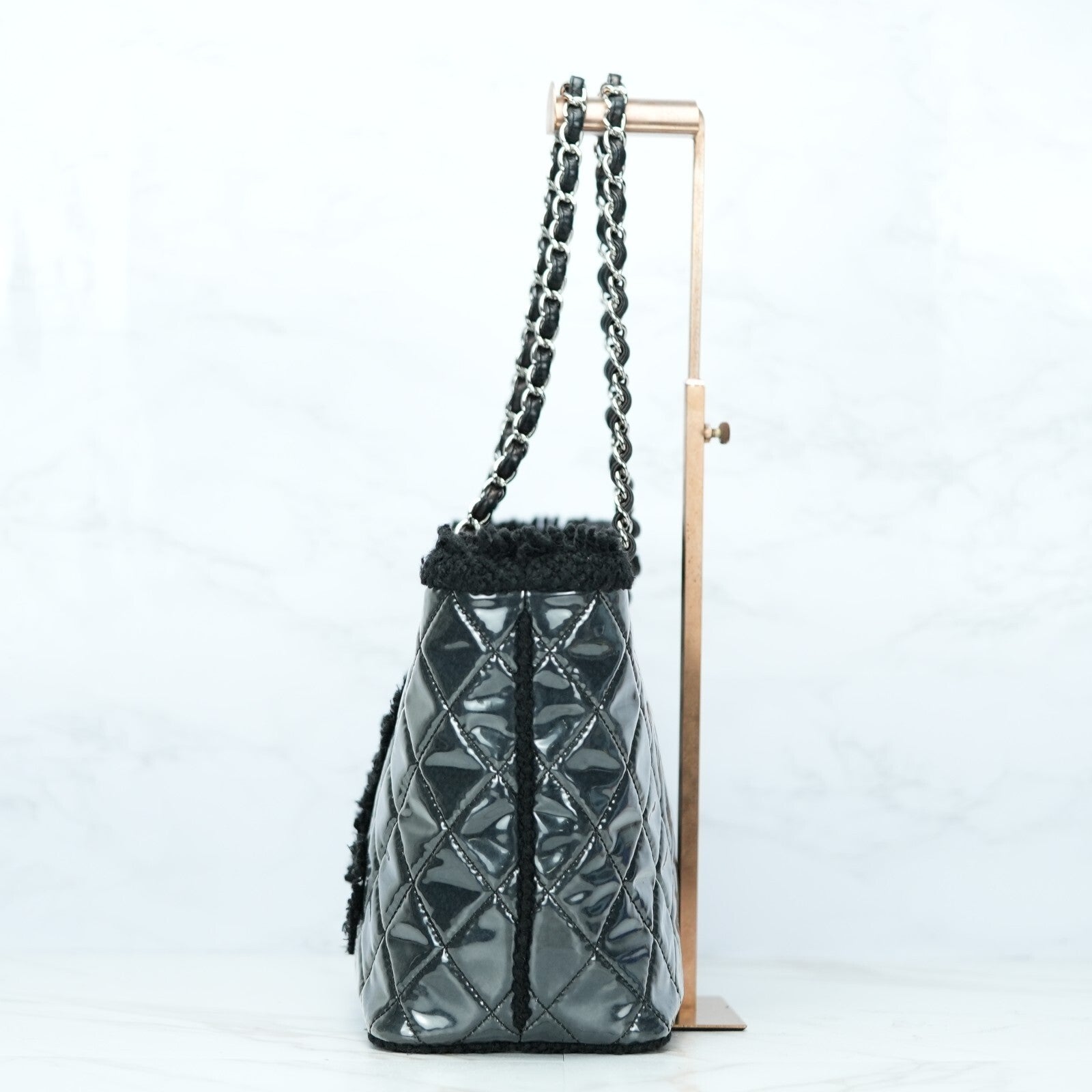 Last Sale CHANEL Funny Tweed Chain shoulder Tote Bag A47155 Plastics wool Black