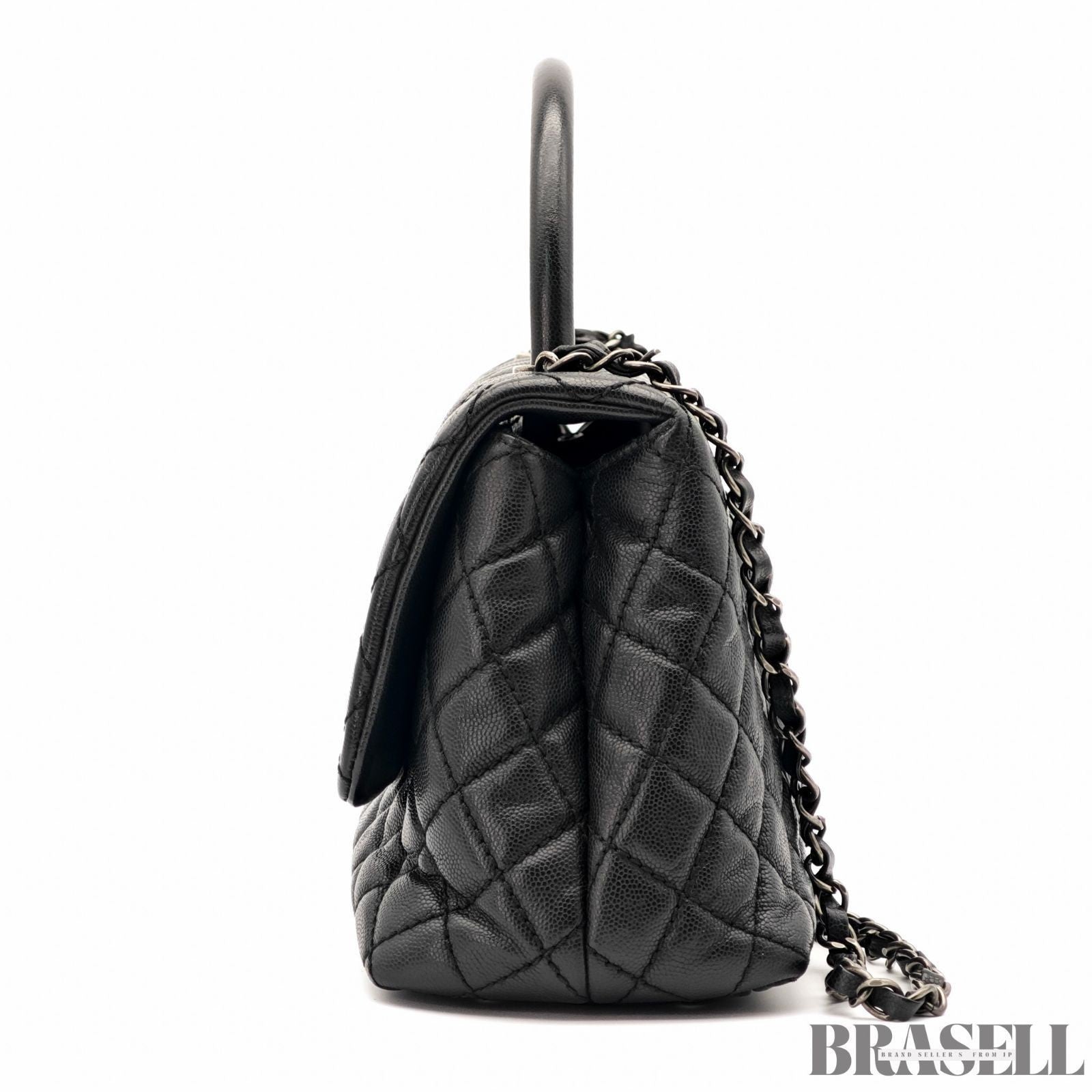 CHANEL Top Handle Matelasse 2Way Handbag Shoulder Bag Black Caviar Skin Women