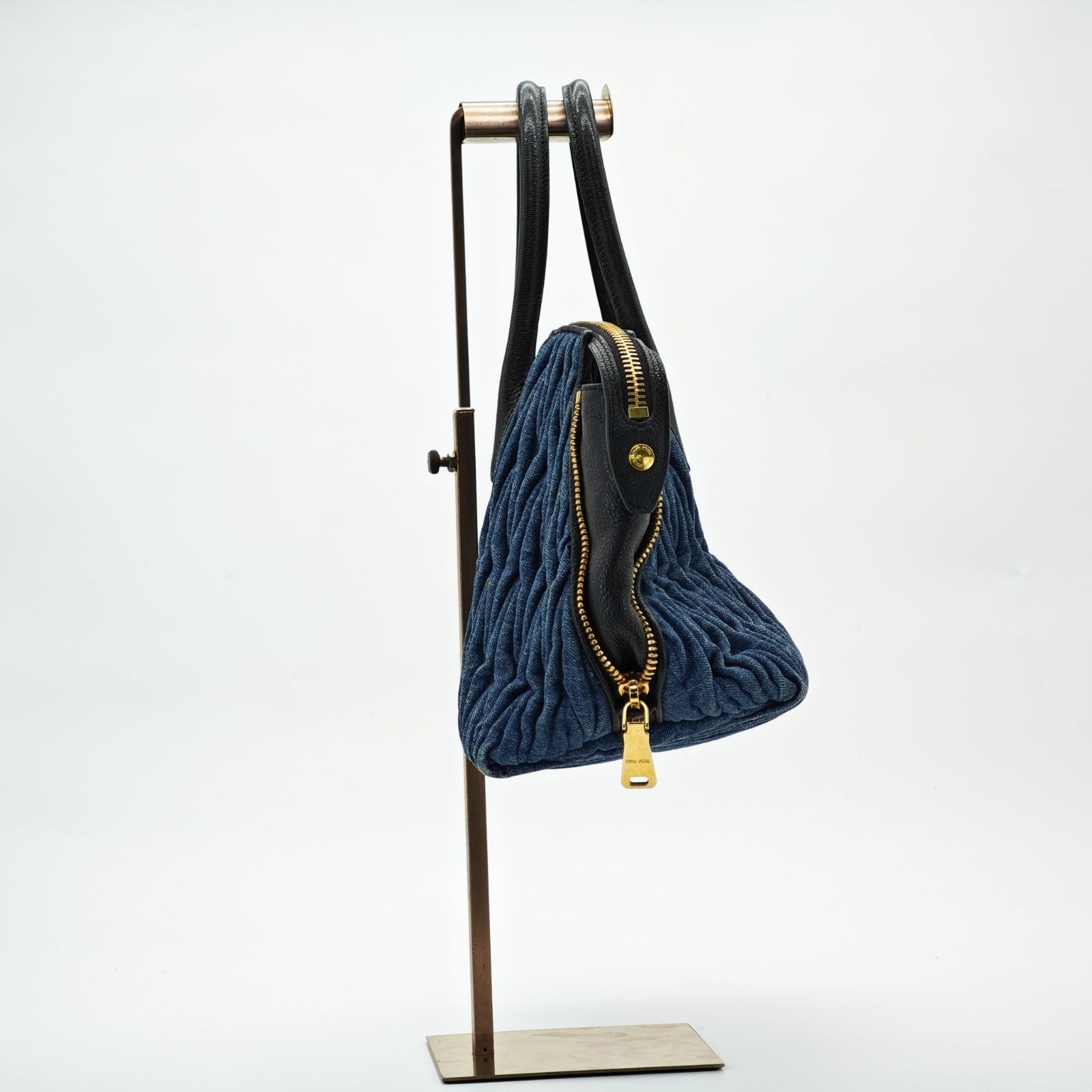 MIUMIU Matelassé Denim Canvas Handbag Horizontal Blue Men & Women