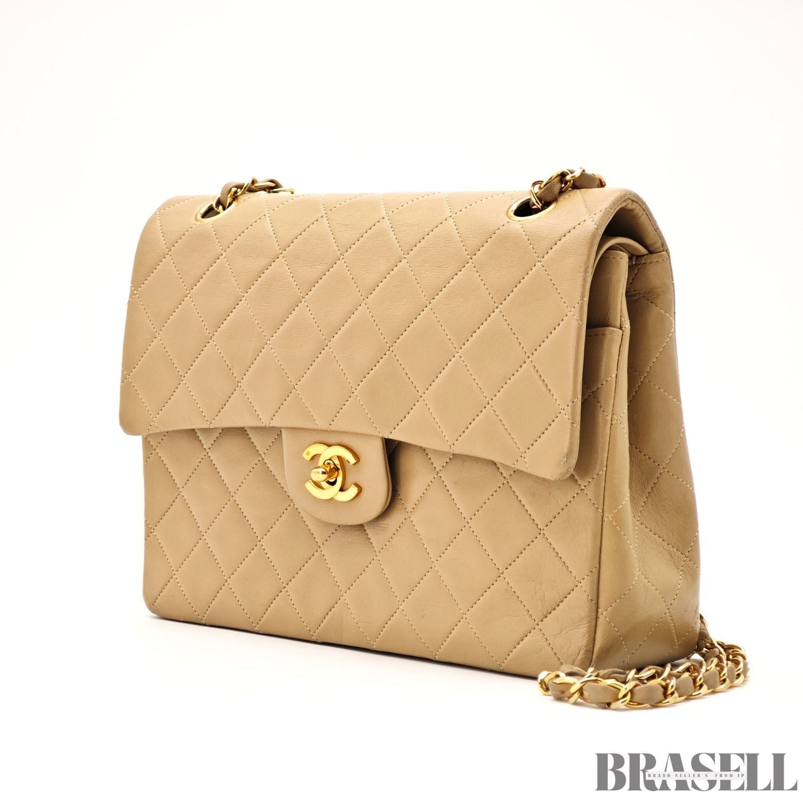 CHANEL Matelasse 25 Double Flap Lambskin 2-Way Shoulder Bag Beige Women's