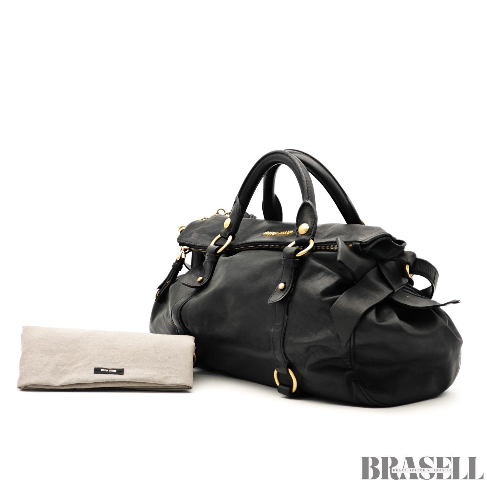 Miu Miu Ribbon 2Way Handbag Leather Black Shoulder Bag Woman Shoulder Strap